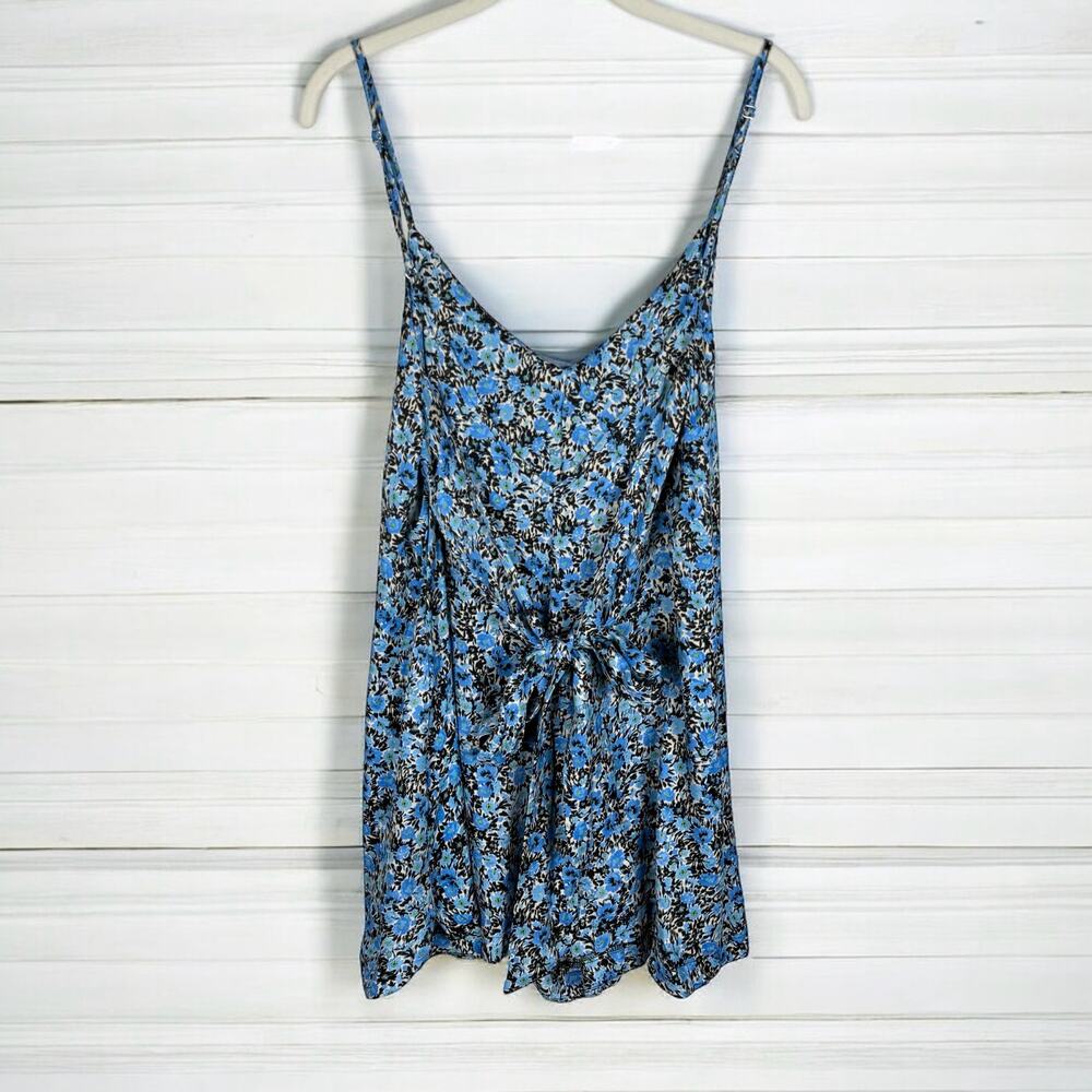 Topshop Floral Romper Blue Silky Satin Grunge Tie Back Sleeveless Size 10 Beach